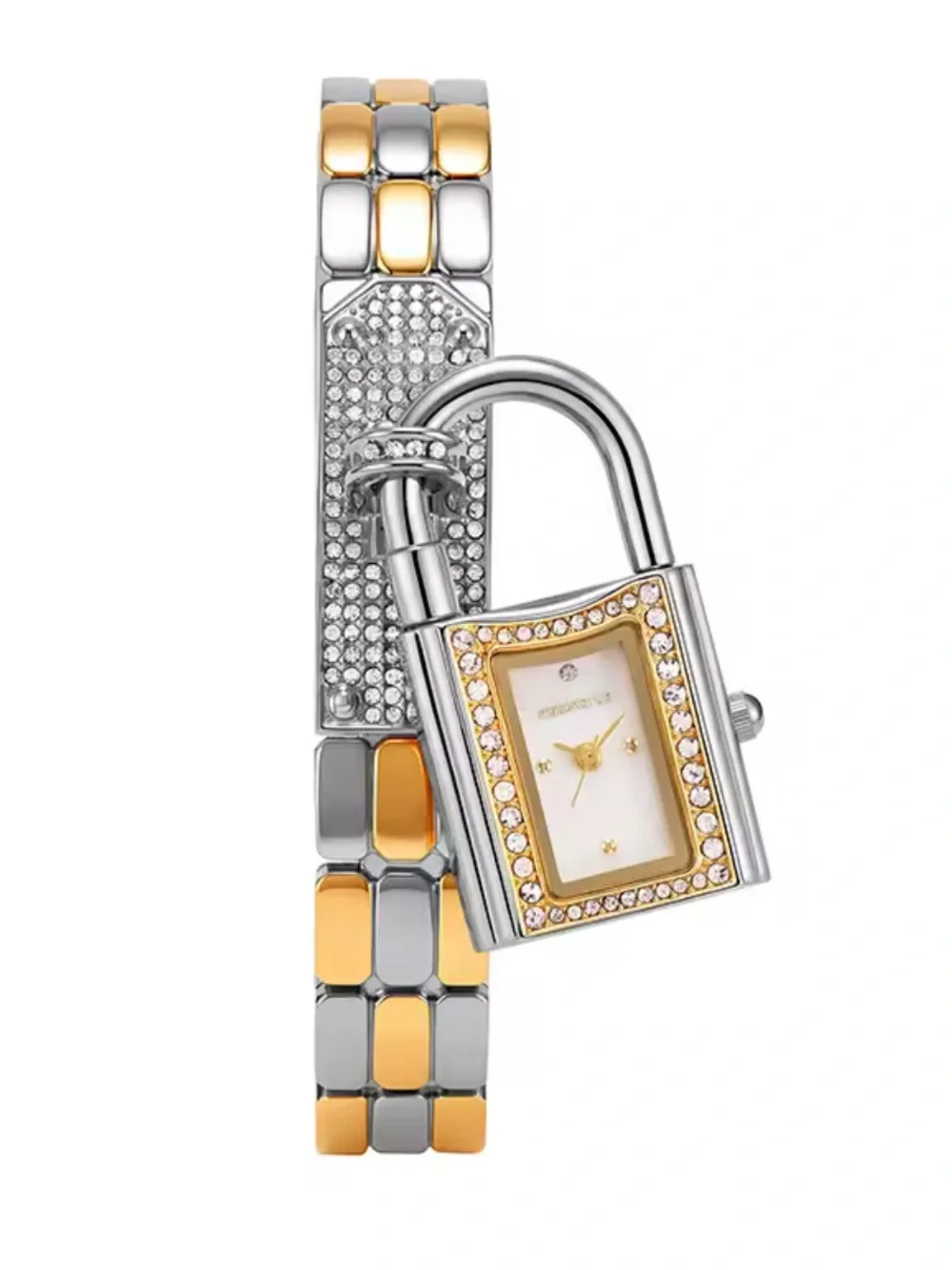 Two-Tone Silver and Gold Padlock Charm Bracelet Watch for Women